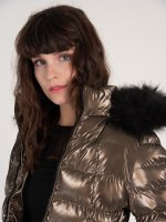 Shiny quilted padded jacket with hood and faux fur