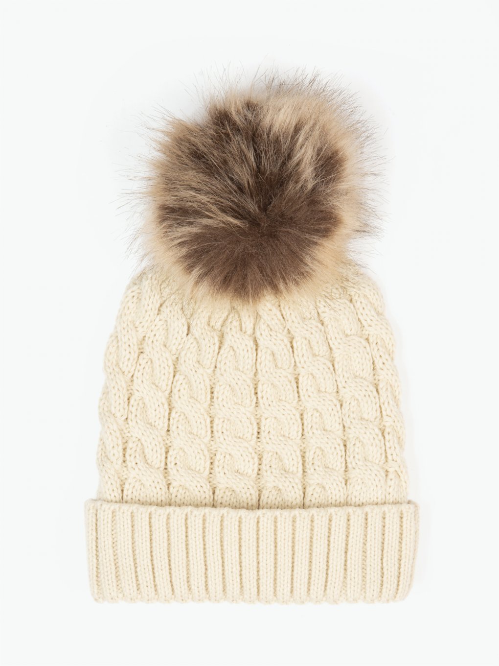 Knitted beanie with faux fur pom