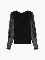 Ribbed top with round neck and puff mesh sleeve