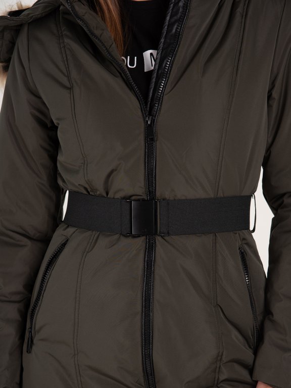 Padded zip-up jacket with belt and hood with faux fur