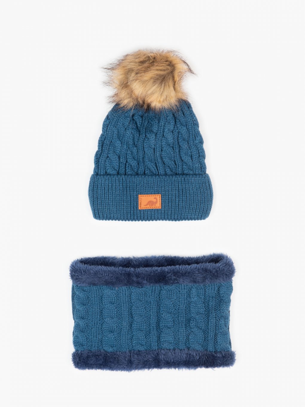 Cable knit cap with pom pom and scarf