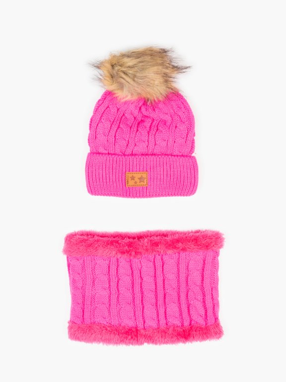 Zimski pleteni dekliški klobuk s cofom in ovratnikom