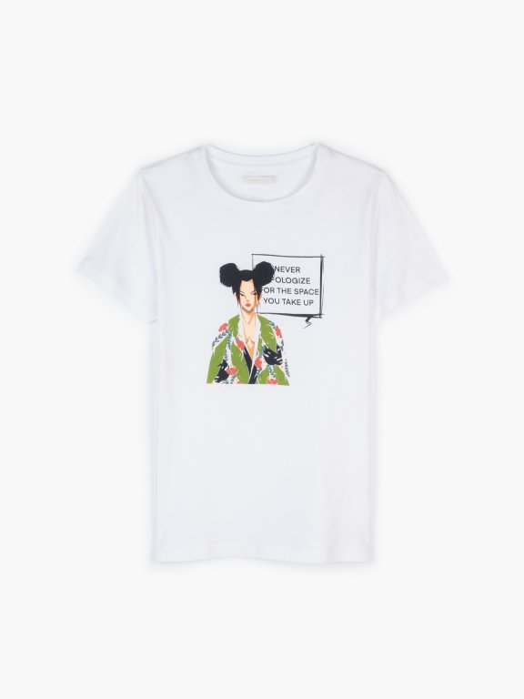 Bavlněné dámské tričko s krátkým rukávem, kulatým výstřihem a potiskem