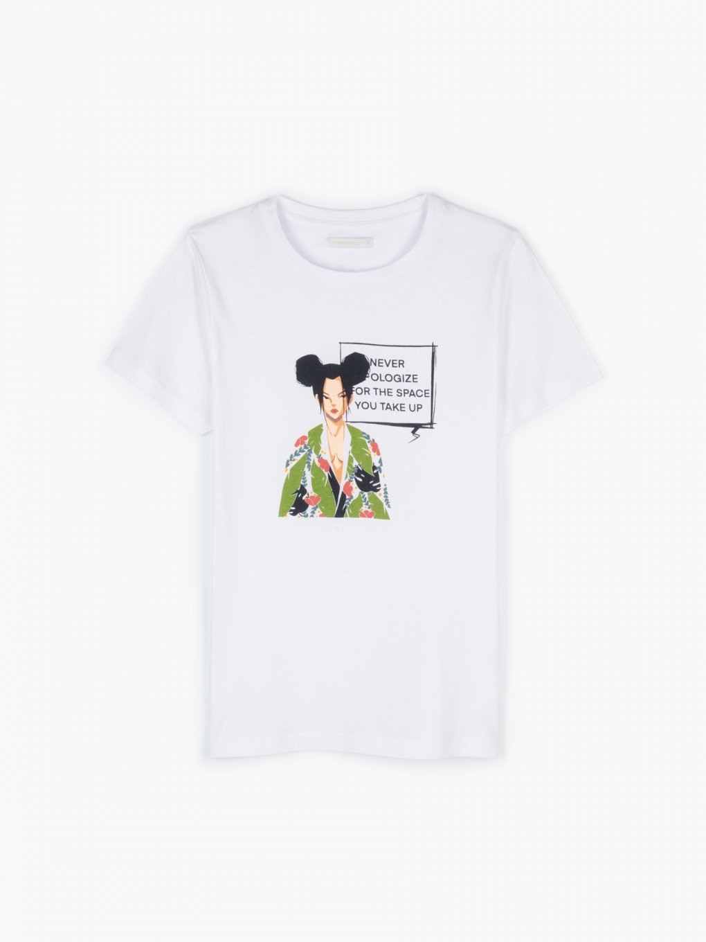 Bawełniana koszulka damska z krótkim rękawem, okrągłym dekoltem i nadrukiem