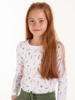 Bavlněné dívčí tričko s dlouhým rukávem, kulatým výstřihem a květinovým potiskem
