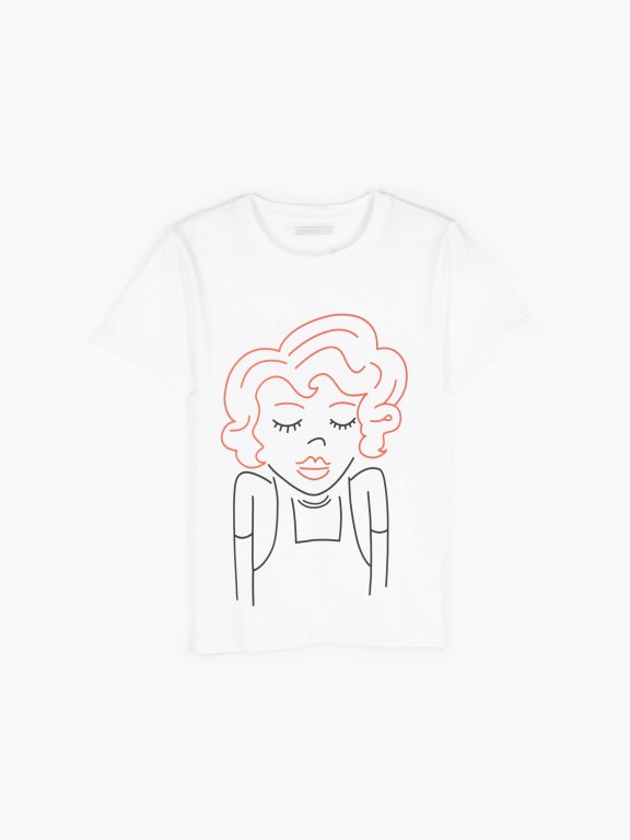 Bawełniana koszulka dziewczęca z krótkim rękawem, okrągłym dekoltem i nadrukiem