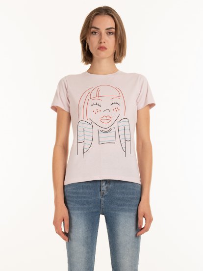 Bavlněné dívčí tričko s krátkým rukávem, kulatým výstřihem a potiskem