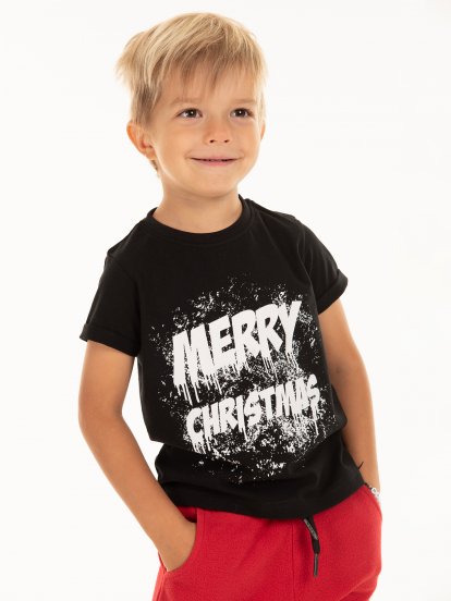 Cotton short sleeve t-shirt with round neck and Christmas print