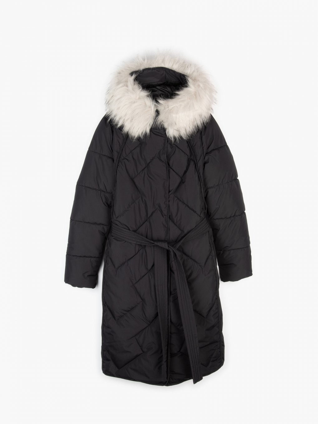 Quilted longline jacket with recycled polyester padding, fake fur on hood and belt
