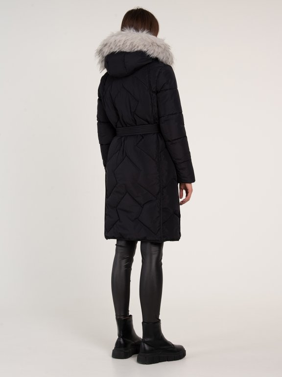 Quilted longline jacket with recycled polyester padding, fake fur on hood and belt