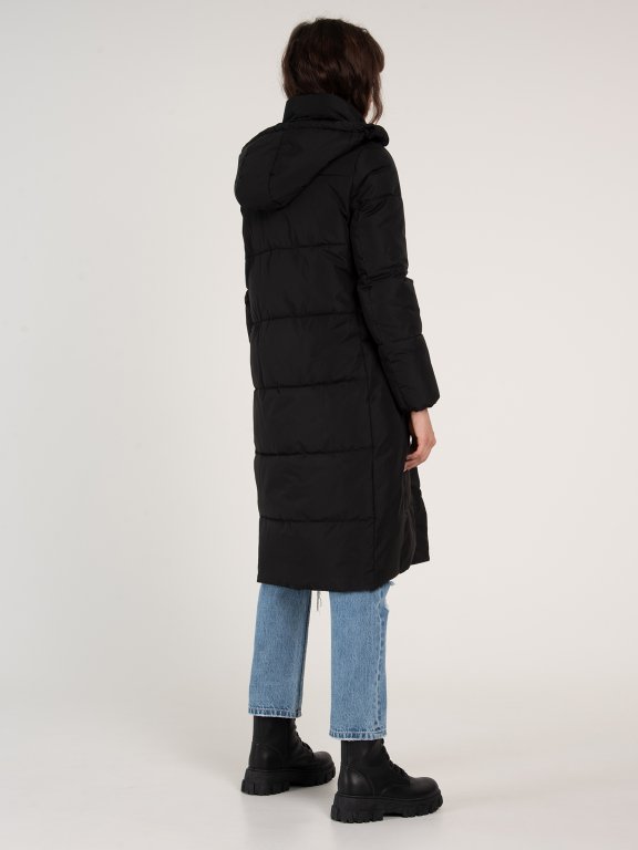 Quilted longline jacket with recycled polyester padding and hood