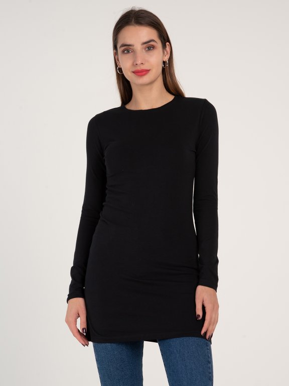 Longline stretchy long sleeve t-shirt with round neck