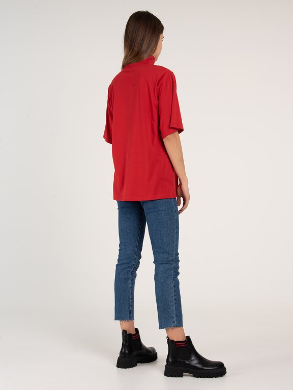 Basic oversized cotton high neck 3/4 sleeve t-shirt