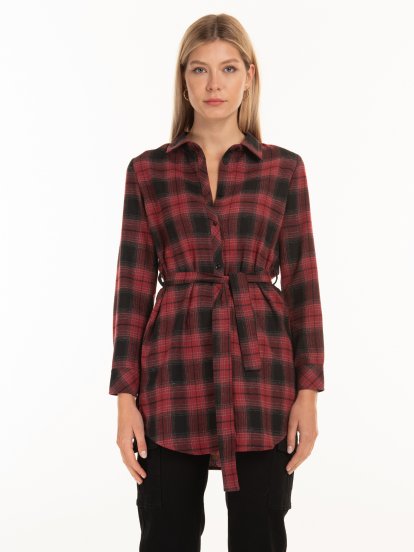 Plaid belted button down shirt