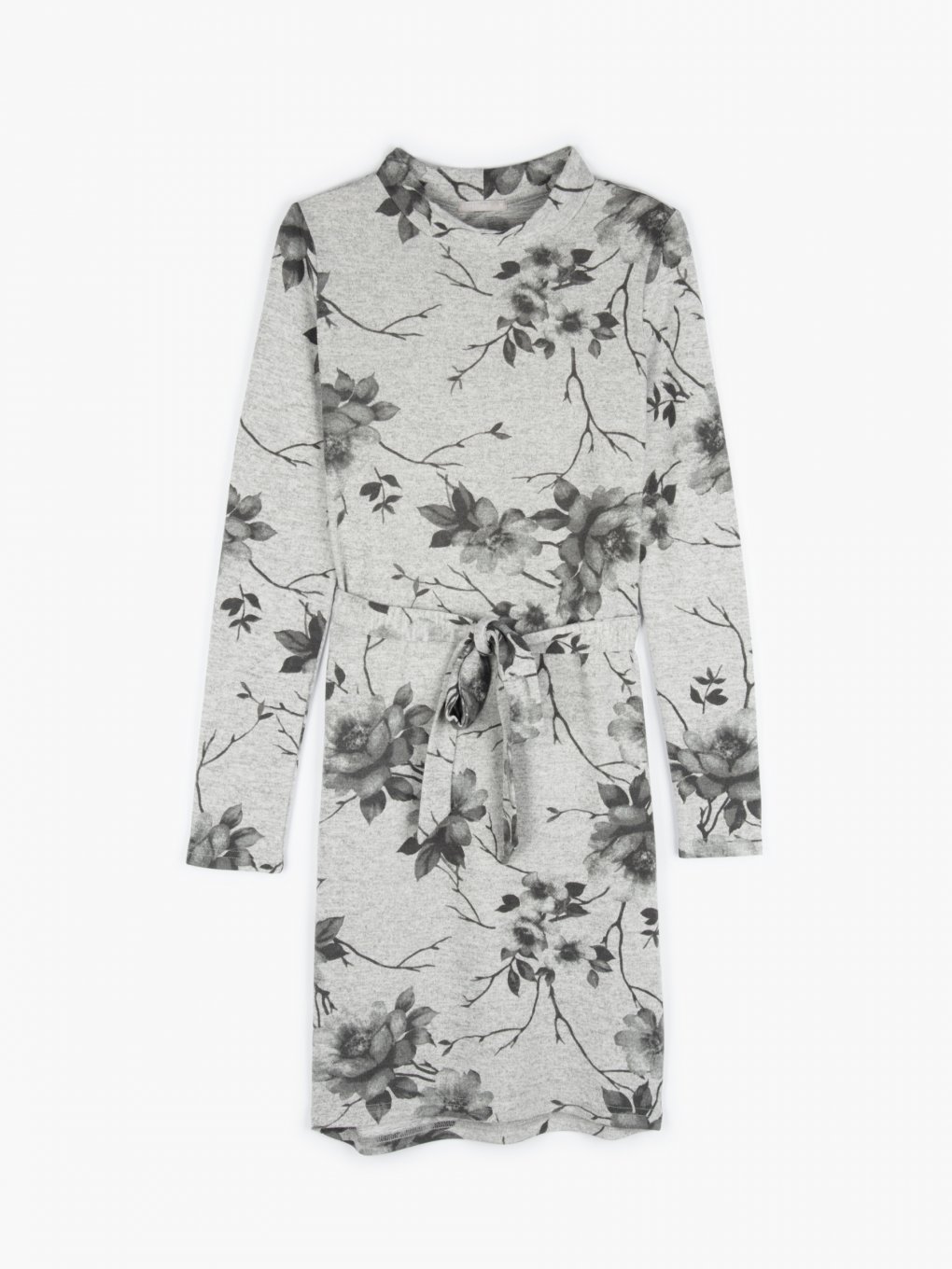 Knitted long sleeve floral dress with round neck and belt