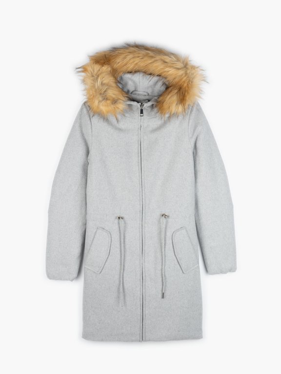 Melírovaný kabát s kapucňou s falošnou kožušinou dámsky