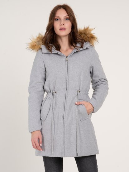 Melírovaný kabát s kapucňou s falošnou kožušinou dámsky