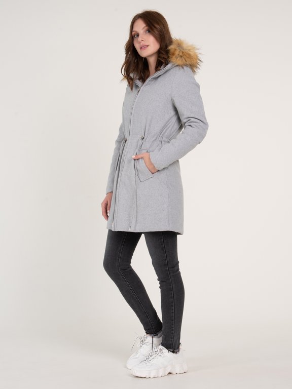 Marled coat with hood and faux fur
