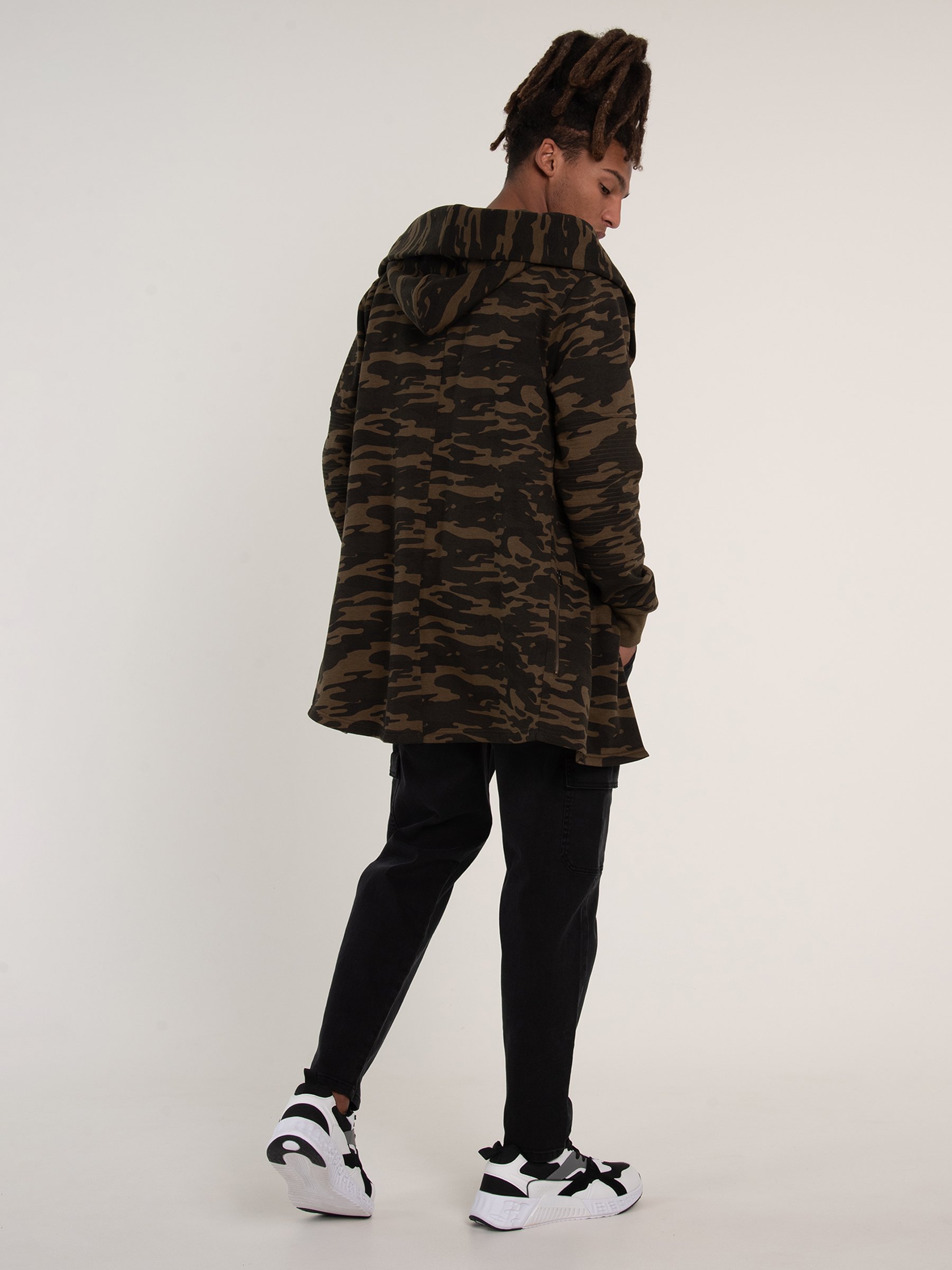 Camo print longline hoodie with zip-up pockets | GATE