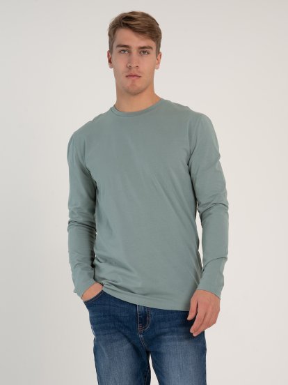 Jednobarevné strečové tričko s dlouhým rukávem a kulatým výstřihem pánské