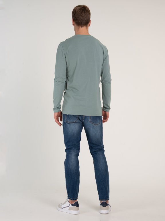 Jednobarevné strečové tričko s dlouhým rukávem a kulatým výstřihem pánské