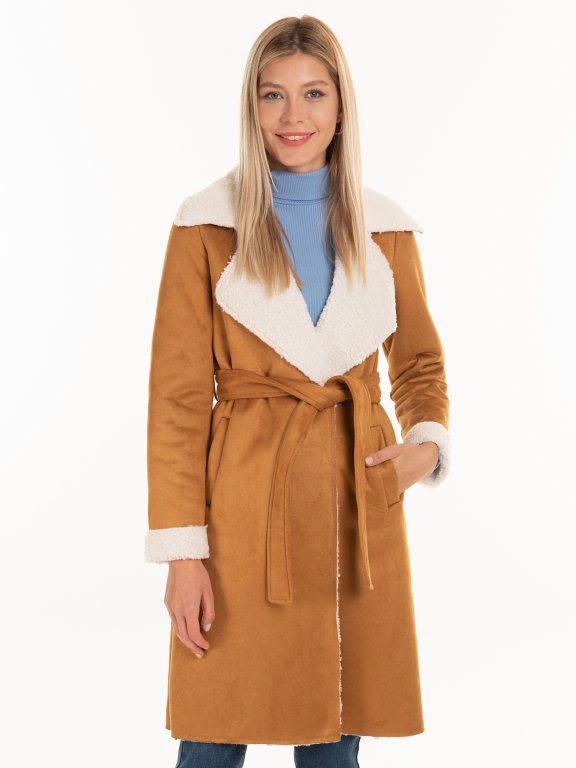 Faux suede faux sherpa lined robe coat