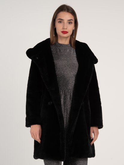 Double breasted faux fur coat with hood