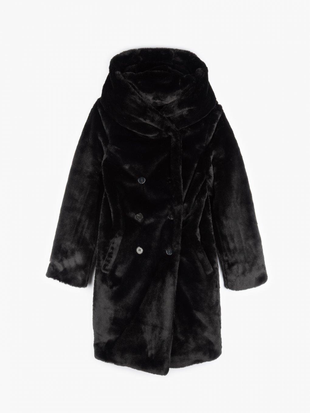 Double breasted faux fur coat with hood