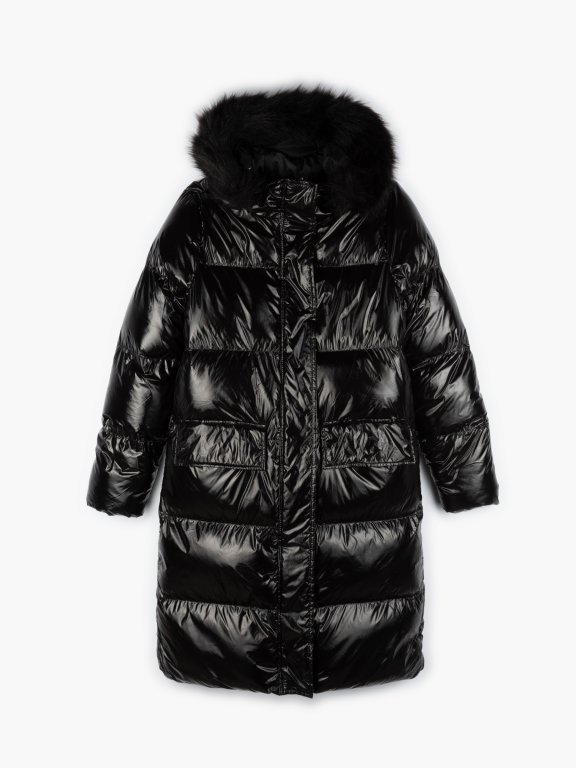 Shiny quilted padded oversized jacket with hood