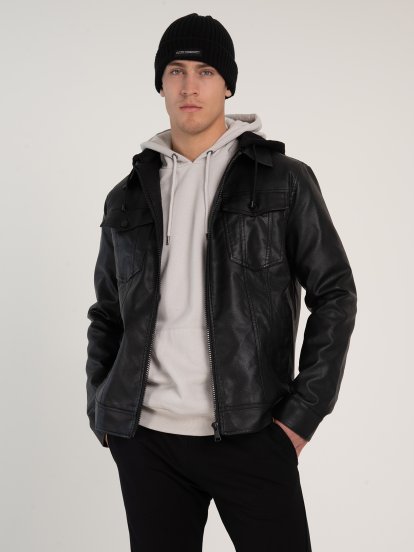 Vegan leather boxy jacket with removable hood