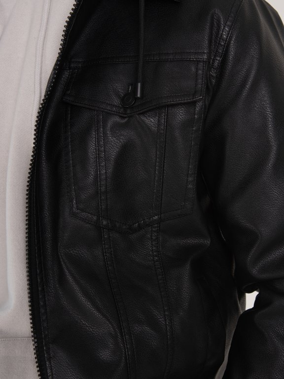 Vegan leather boxy jacket with removable hood