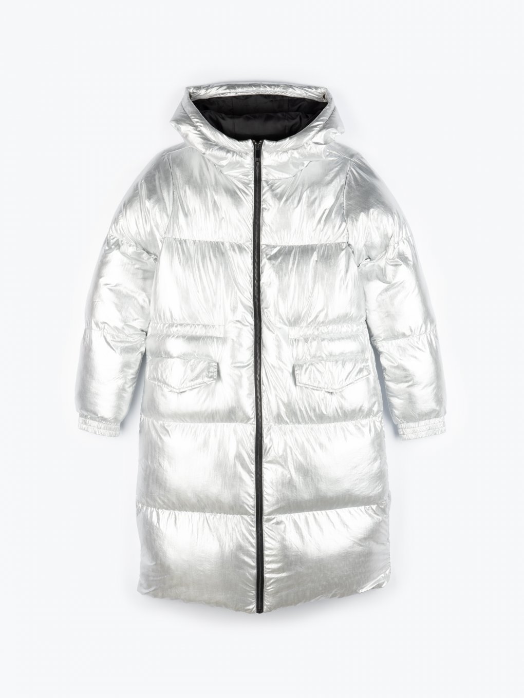 Prolonged metallic quilted padded jacket with contrast lining and hood