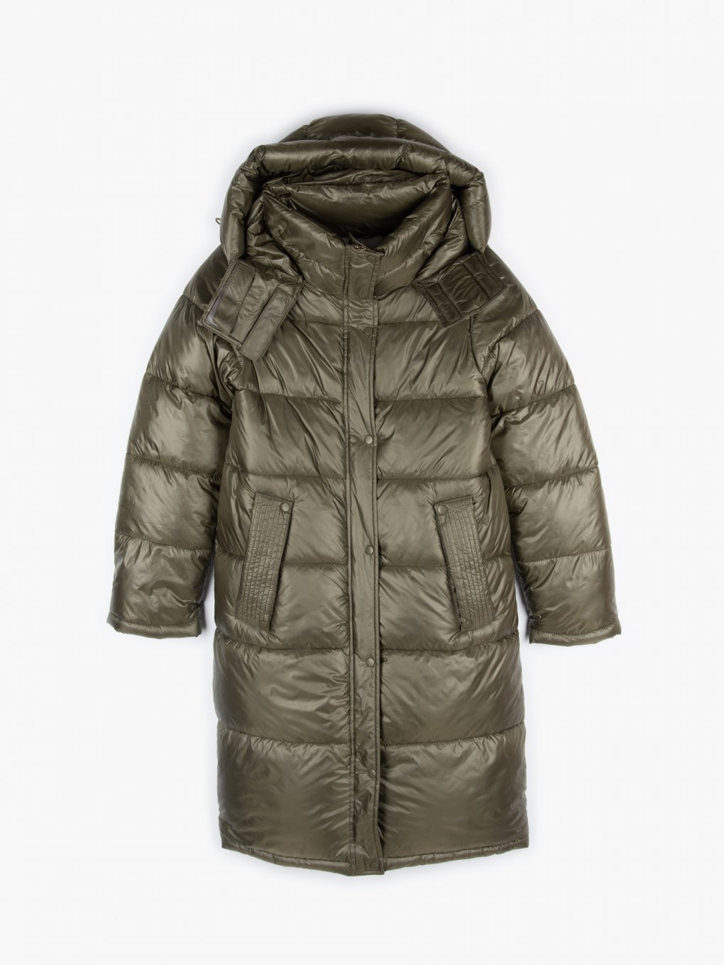 Longline quilted padded shiny jacket with hood