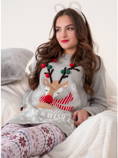 Prodloužený svetr s vánočním motivem a kulatým výstřihem dámský