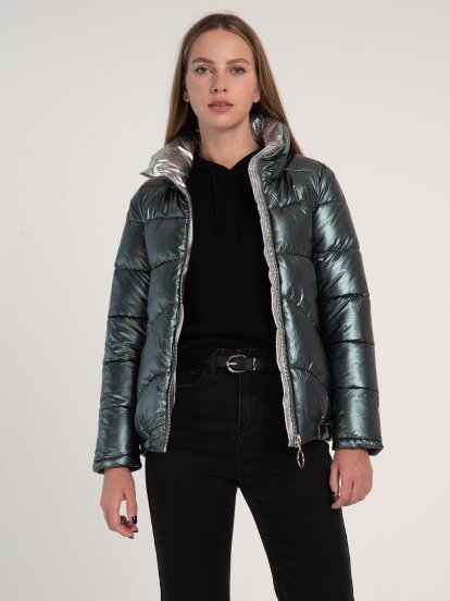 Quilted padded shiny jacket with hood