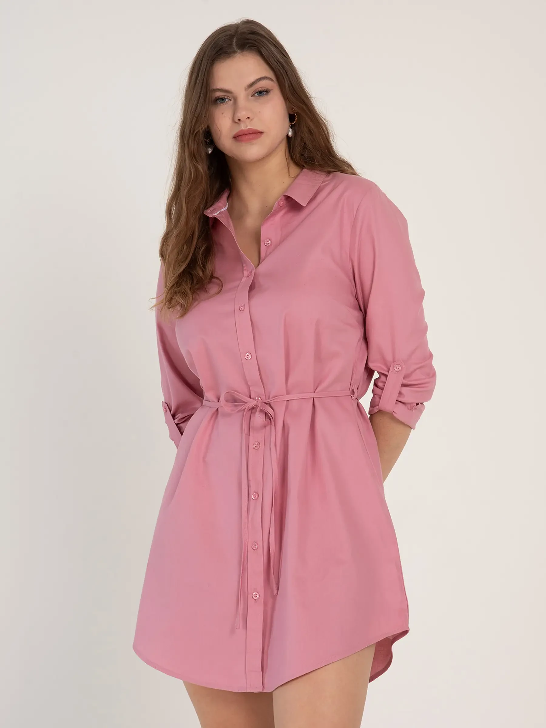 pink shirt dress with belt BELTED SHIRT DRESS Pink / S