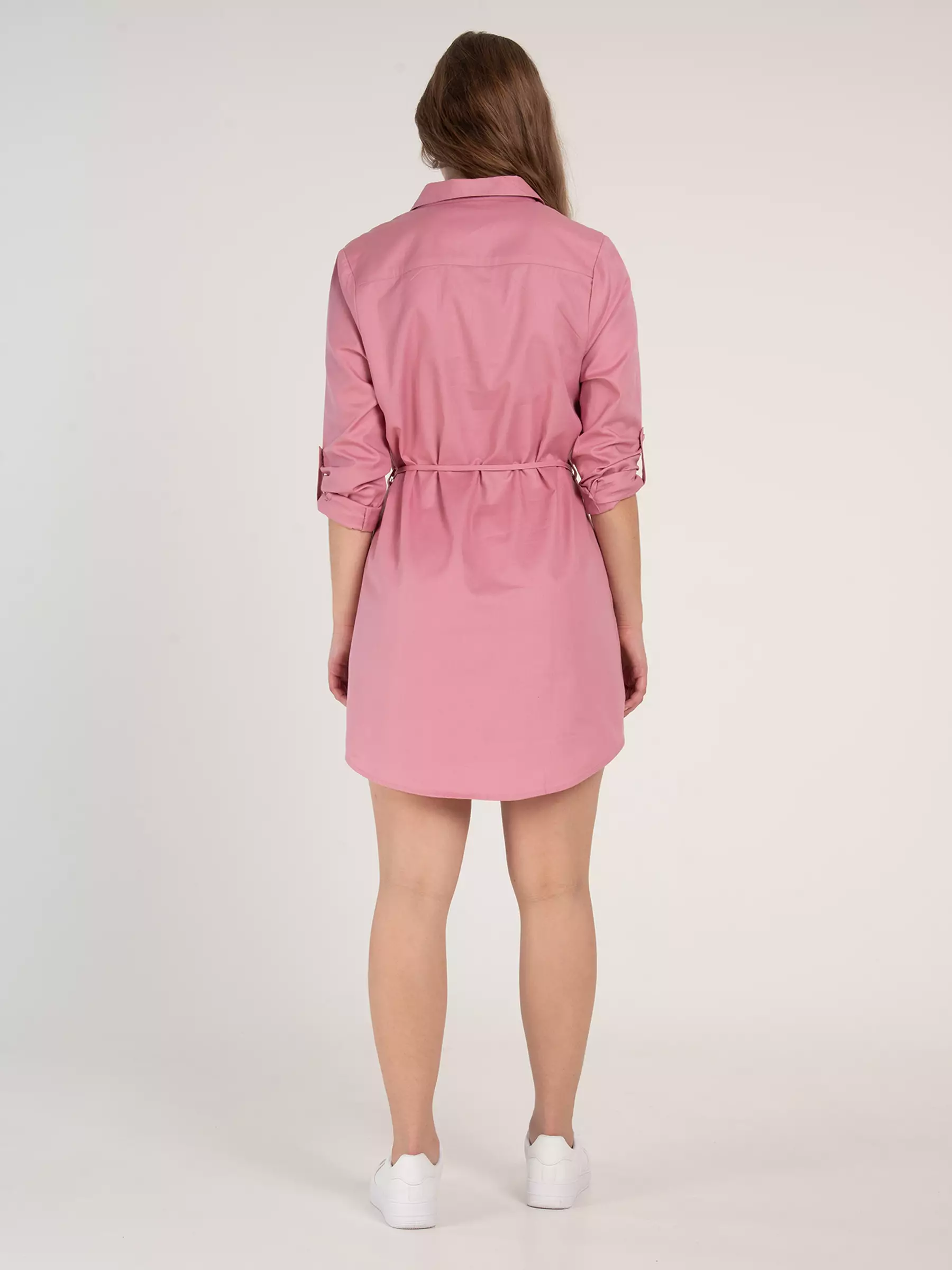 pink shirt dress with belt Pink Draped Elegant Shirt Dress With Belt | EST-NPS-109