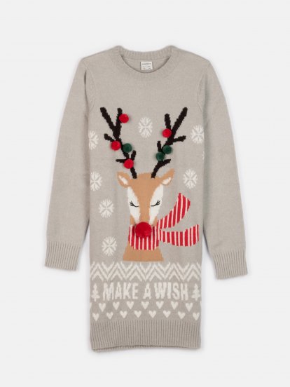 Predĺžený sveter s vianočným motívom a okrúhlym výstrihom dievčenský