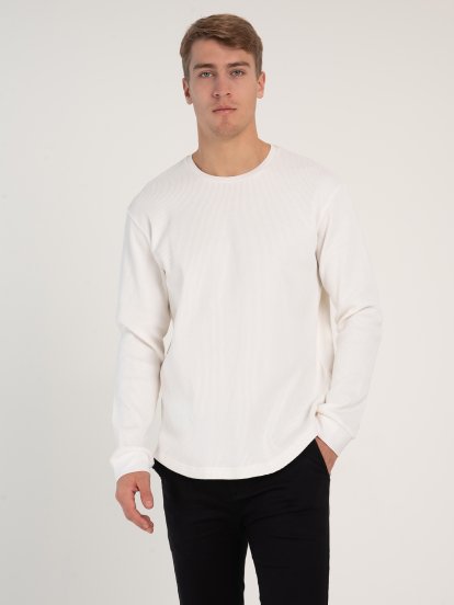 Základné bavlnené basic vafľové tričko s dlhým rukávom pánske