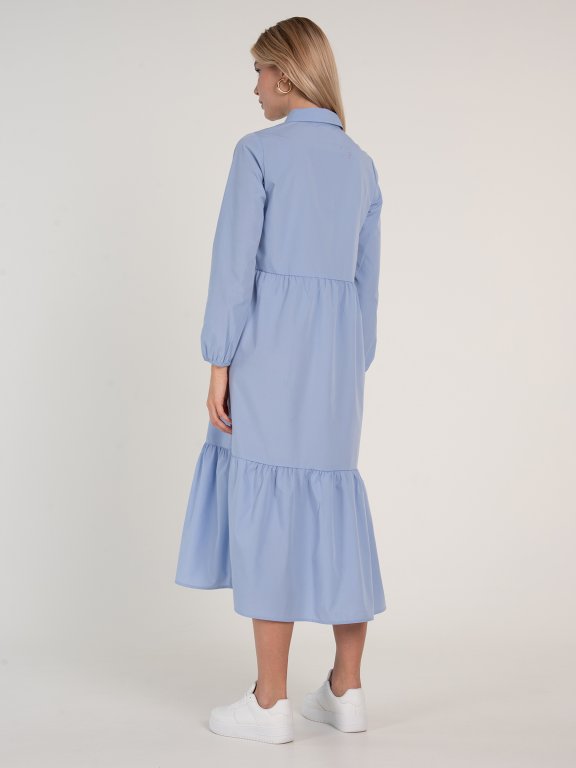 Maxi long sleeve shirt dress with ruffle in cotton blend