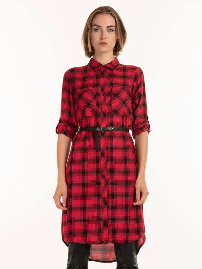 Plaid longline viscose blouse with chest pockets