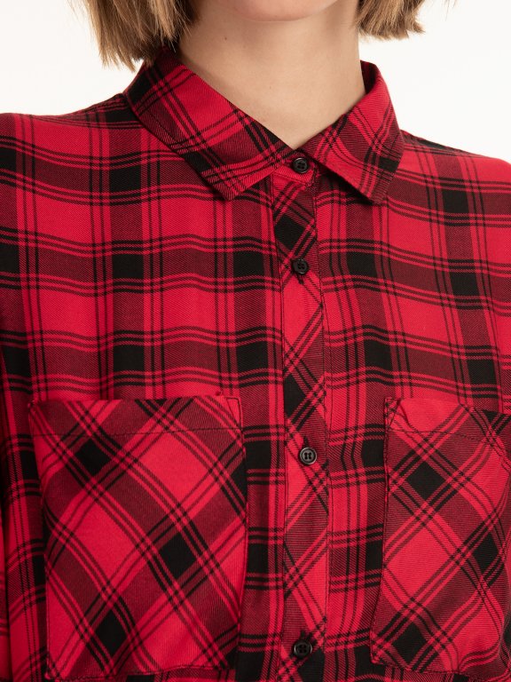 Plaid longline viscose blouse with chest pockets