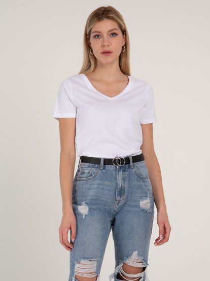 Základné basic bavlnené tričko s véčkovým výstrihom dámske