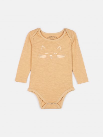 Cotton long sleeve bodysuit with kitty print