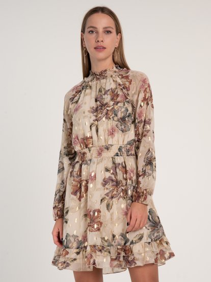 Chiffon floral  and metallic print dress with gathered waist and collar