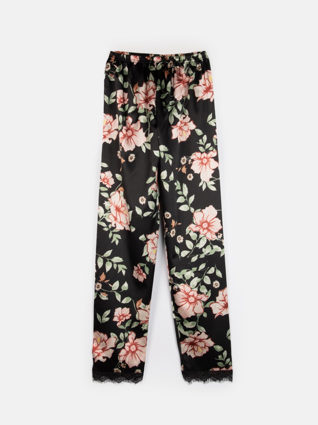 Floral print satin pyjama bottoms with lace