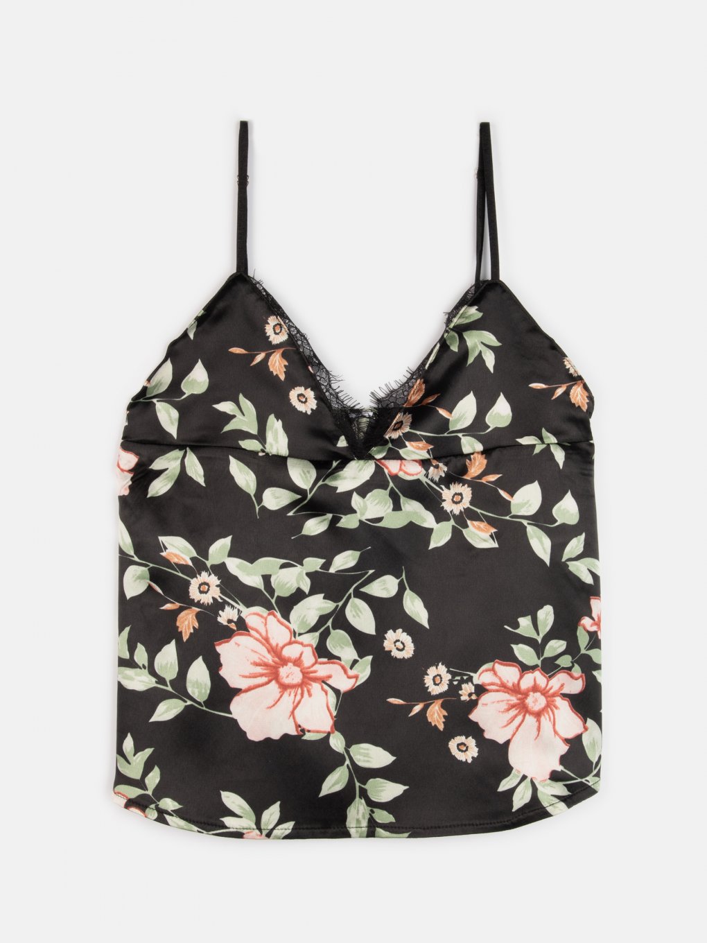 Kvetovaný saténový dámsky pyžamový top na ramienka