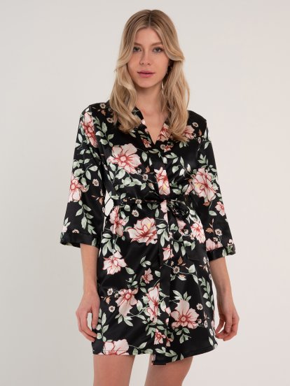 Floral print satin dressing gown