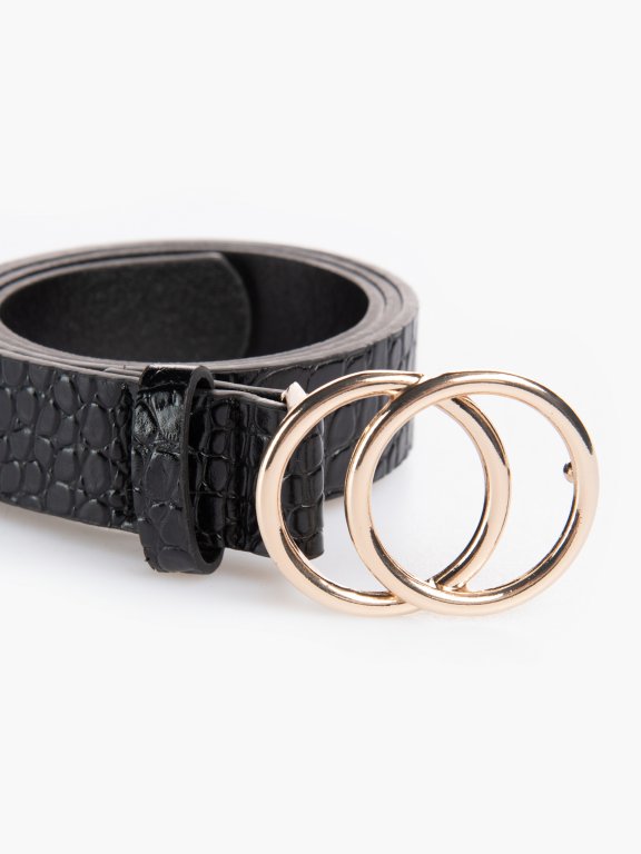 Faux croc leather belt with double round buckle