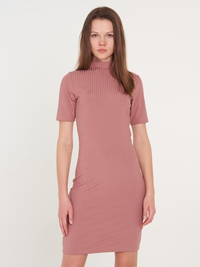 Ribbed bodycon dress with high collar